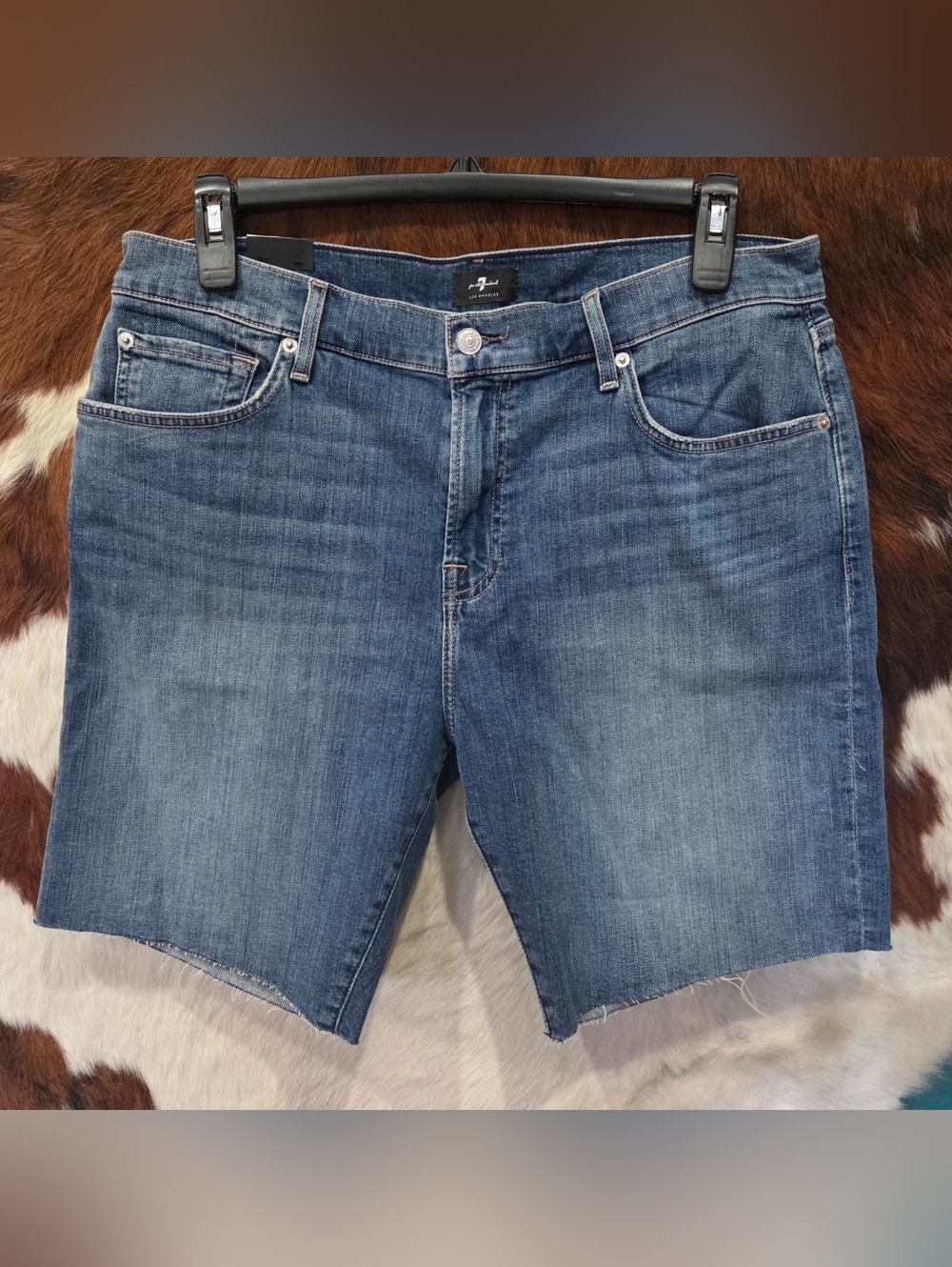 7 For All Mankind Men's Mid-Blue Cutoff Denim Shorts